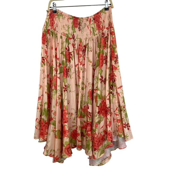 Anthropologie Boho Floral Asymmetrical Midi Skirt Size L Pink  Smocked Waist NWT - Picture 3 of 9